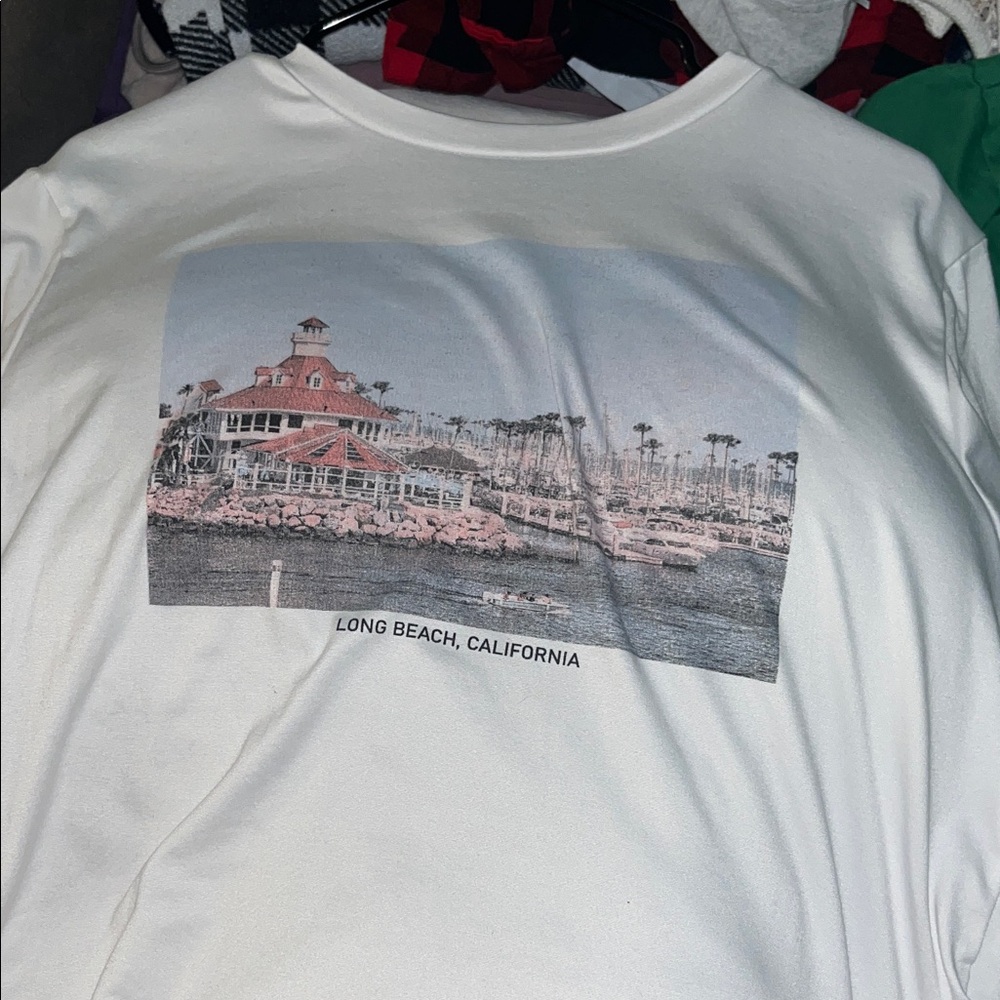 French Pastry White Short Sleeve Tee with Long Beach Print